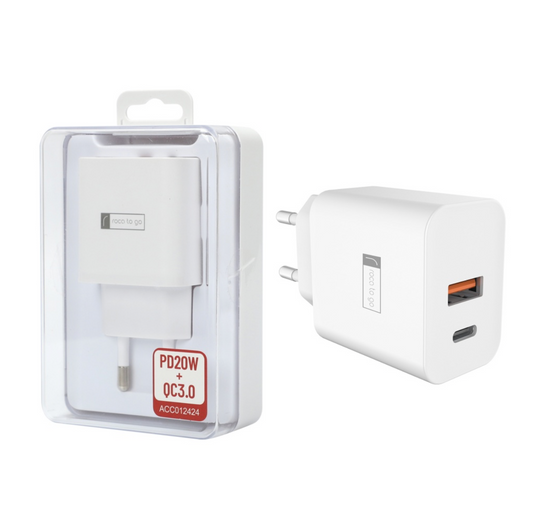 Cargador Rápido ROCA TO GO 20W+QC3.0 USB A QC3.0 USB C PD Sin Cable