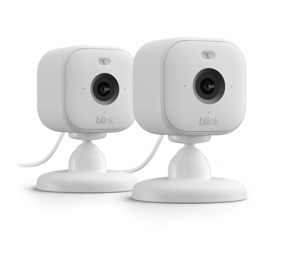 Blink Mini 2: Cámara de seguridad doméstica y para mascotas con video HD, visión nocturna en color, detección de movimiento, audio bidireccional y luz integrada - 2 cámaras (blancas)
