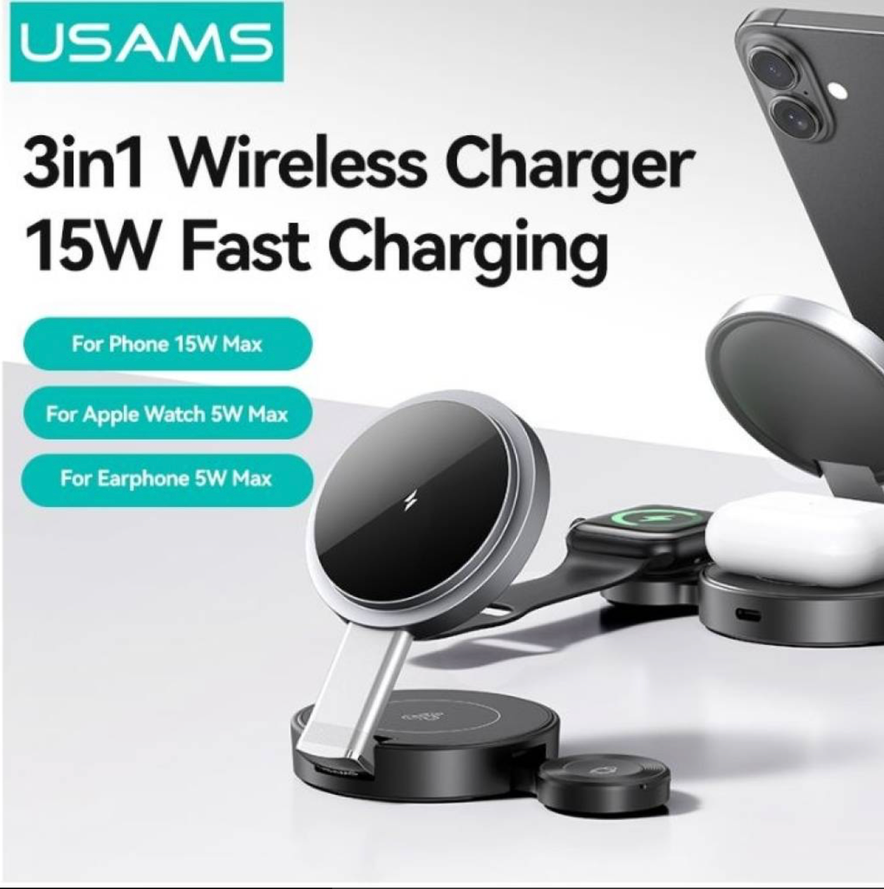 Cargador Inalámbrico 15W 3 en 1 Carga Rápida Negro CD234 USAMS