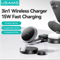 Cargador Inalámbrico 15W 3 en 1 Carga Rápida Negro CD234 USAMS